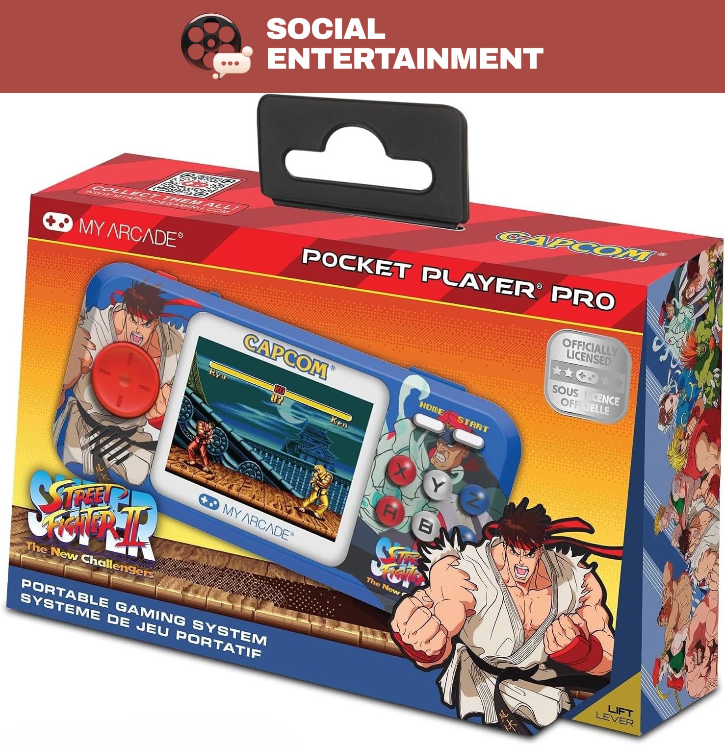 The boxed My Arcade Pocket Player Pro handheld with Super Street Fighter II: The New Challengers artwork, Ryu on the front and a Ryu and Ken match on its screen, under a Social Entertainment banner